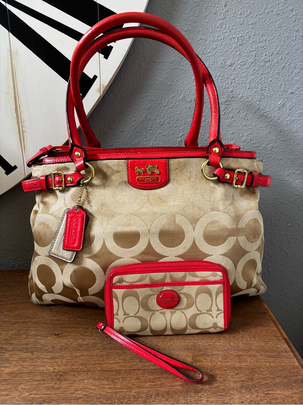 Coach Madison Op Art Sateen Kara Carryall Tote Bag and Signature Wristlet